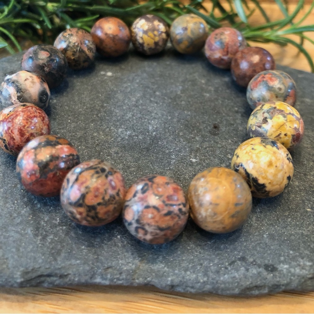 Leopardskin Jasper Stone Beaded Stretch Bracelet 12mm Beads